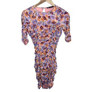 Zara Floral Ruched Bodycon Spring Cocktail Mid Sleeve Midi Dress Medium